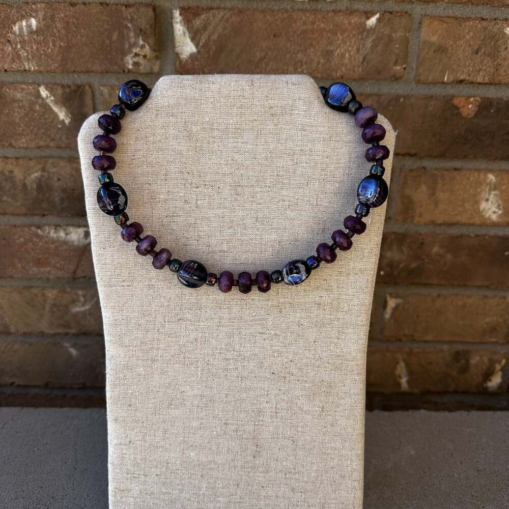 Handmade Purple Clear Faceted Glass Beaded Necklace Choker 18” Wrap Necklace